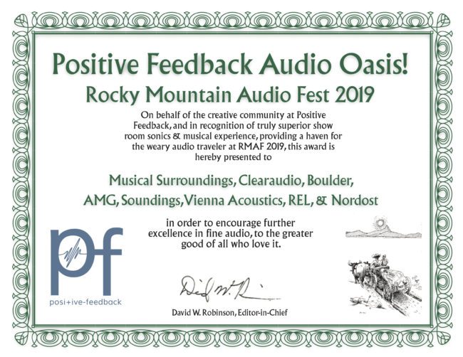 Boulder's Audio Oasis Award for their demonstration room at the 2019 Rocky Mountain Audio Fest